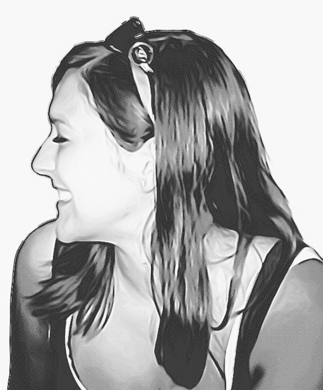 Kristen in profile and black and white, smiling